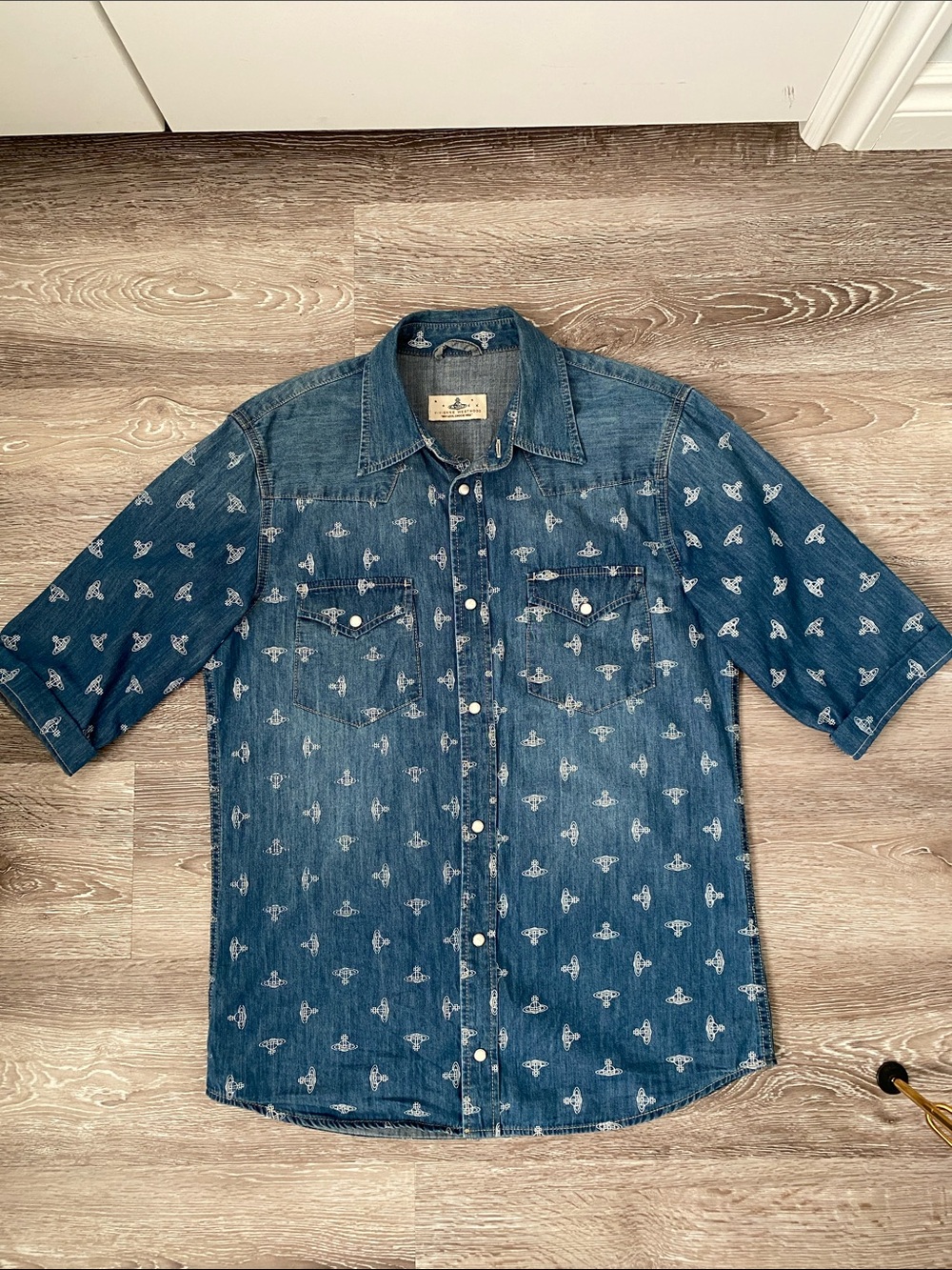 Vivienne Westwood Blue Denim Short-Sleeve Button-Down Shirt with Orb Motif